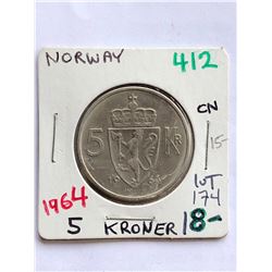 Hard to Get 1964 NORWAY 5 Kroner Coin