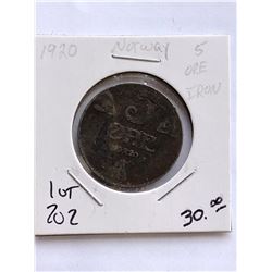 Very Rare 1920 NORWAY 5 Ore Coin