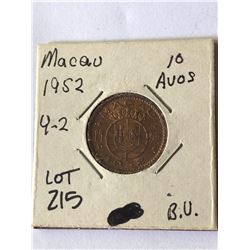 1952 Macau 10 Avos Brilliant Uncirculated High Grade