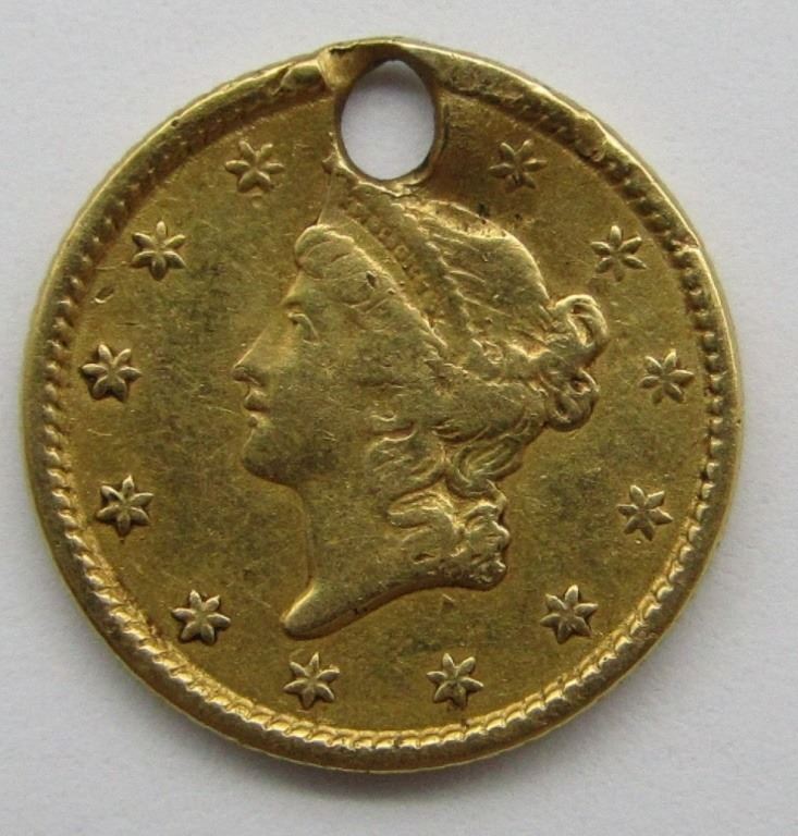 1855 1 LIBERTY GOLD COIN. HOLED