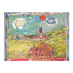 Wayne Ensrud "View of Puligny-Montrachet, Burgundy" Mixed Media Original Artwork; Hand Signed; COA