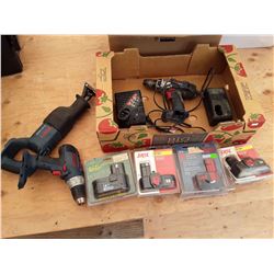2 Bosch Drills, Sawzall, 2 Chargers and Various Batteries *Untested