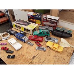 Box of model cars & model wood canoe