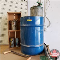 Antique Combo: Barrel, Quart Jug, 2 Stroke Oil, Draw Knife, Tire Pump, Gas Can