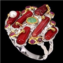 Natural Handmade Red Coral Pearl Emerald Ruby Ring