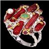 Image 1 : Natural Handmade Red Coral Pearl Emerald Ruby Ring