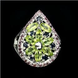 Natural Green Peridot Rhodolite Garnet Sapphire Ring