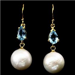 Natural Swiss Blue Topaz & Japanese Pearl Earrings