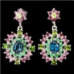 Natural London Blue Topaz Emerald Peridot Earrings