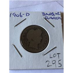 1906 D Barber Silver Quarter
