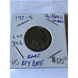 Extremely Rare 1921 S Buffalo Nickel Very Good Grade