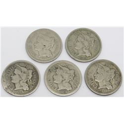 5-THREE CENT NICKELS AVG CIRC