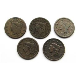5-LARGE CENTS: 1829, '30, '37, '38, & '45