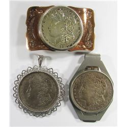 1884-O MORGAN IN BEZEL, 1921-D MORGAN MONEY