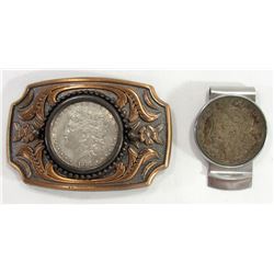 MORGAN DOLLARS: 1921 MONEY CLIP & 1882 BELT