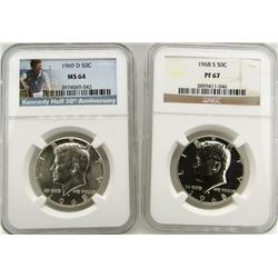 (2) HALF DOLLARS: 1968-S KENNEDY NGC
