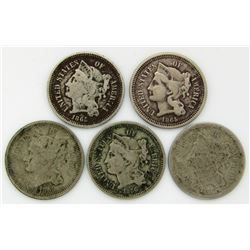 5-THREE CENT NICKELS AVG CIRC