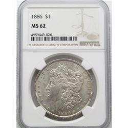 1886-P Morgan Silver Dollar $ NGC MS 62 Lightly To