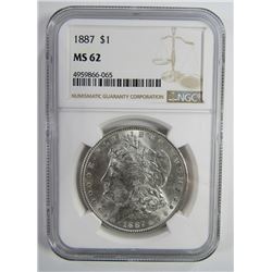 1887-P Morgan Silver Dollar $ NGC MS 62 Blast Whit