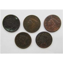 5- LARGE CENTS- 1837, 1838, 1848, 1849, 1851