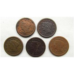 5- LARGE CENTS- 1848, 1851, 1851, 1854, 1854