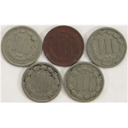 5-THREE CENT NICKELS AVG CIRC