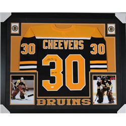 Gerry Cheevers Signed Boston Bruins 35x43 Custom Framed Jersey Inscribed "HOF 85" (JSA COA)