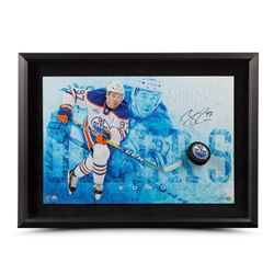 Connor McDavid Signed Edmonton Oilers "Commanding" 16x24 Custom Framed Hockey Puck Break Through Dis
