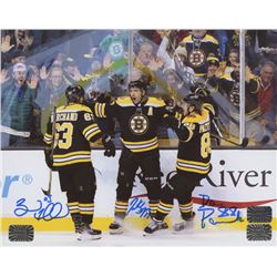 Brad Marchand, David Pastrnak,  Patrice Bergeron Signed Boston Bruins 8x10 Photo (Bergeron COA, Past