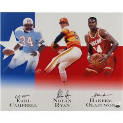 Earl Campbell, Nolan Ryan,  Hakeem Olajuwon Signed 16x20 Photo (JSA COA  Ryan Hologram)