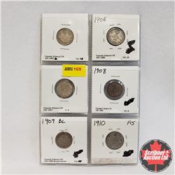 Canada Ten Cent - Strip of 6: 1905, 1906, 1907, 1908, 1909 Broad Leaves, 1910