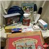Image 1 : Apple Box w/Contents: Painted Souvenir Gold Mining Pan, Confectionery Items, Sutherland Feathers