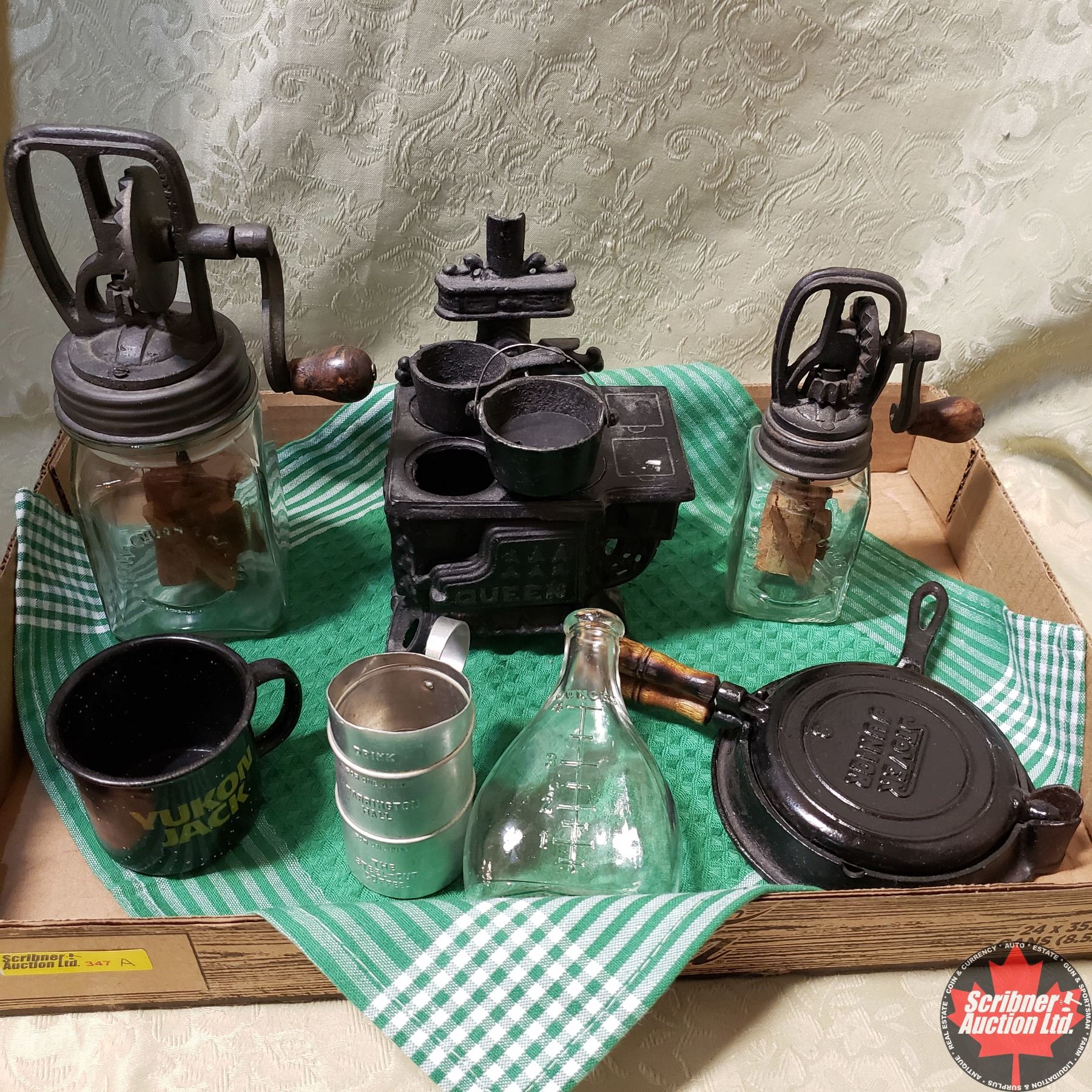 Tray Lot - Miniature Items: Cook Stove, Waffle Iron, Butter Churns, etc