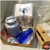Image 1 : Tray Lot - Dairy Item Combo: Sour Cream & Cottage Cheese Jars in Carrier, Blue Milk Bottle, Butter P