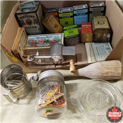 Tray Lot - Vintage Kitchen Items: Confectionery Tins, Wooden Pestle, Juicer, Grinder, Flour Sifter,