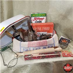 Enamel Roaster w/Contents: Rolling Pin, Scoop, Jars, Beaters, Apple Slicer/Corer, Sugar Bag, etc