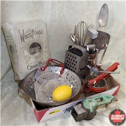 Tray Lot - Kitchen Theme: White House Cookbook, Strainer, Juicer, Grater, Utensils, etc