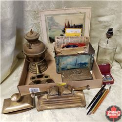 Tray Lot - Brass & Ship Themed Items: Lamp, Pen Holder w/Ink Wells, Candle Holders, Fountain Pens/Ni