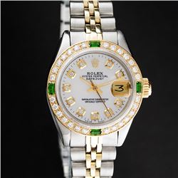 Rolex Ladies 2 Tone MOP Diamond & Emerald Datejust Wristwatch