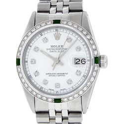 Rolex Mens Stainless Steel White Diamond & Emerald 36MM Datejust Wristwatch