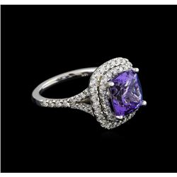 4.12 ctw Tanzanite and Diamond Ring With Chain - 14KT White Gold