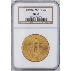 1908 $20 St. Gaudens Double Eagle Gold Coin NGC MS64