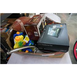 BOX OF ELECTRONICS X-BOX 1 POWER SUPPLY, TABLET, VIDEO GAMES, KITCHEN ITEMS, AND SOME KIDS TOYS