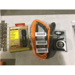 NEW lot of 3 flashlight, tow strap, tape measure