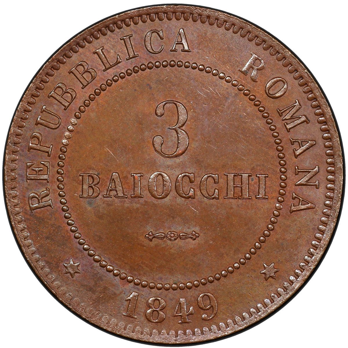 ROMAN REPUBLIC Second Republic, 18481849, AE 3 baiocchi, 1849R. PCGS