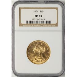 1894 $10 Liberty Head Eagle Gold Coin NGC MS63