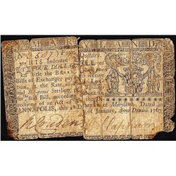 January 1, 1767 $4 Maryland Colonial Currency Note