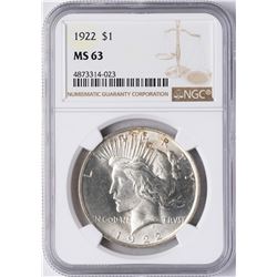 1922 $1 Peace Silver Dollar Coin NGC MS63