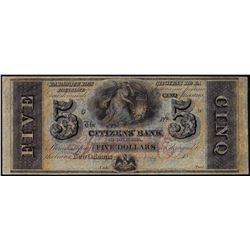 1800's $5 Citizens Bank of Louisiana Obsolete Bank Note