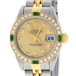 Rolex Ladies Two Tone 18K Quickset Champagne Diamond & Emerald Datejust Wristwat
